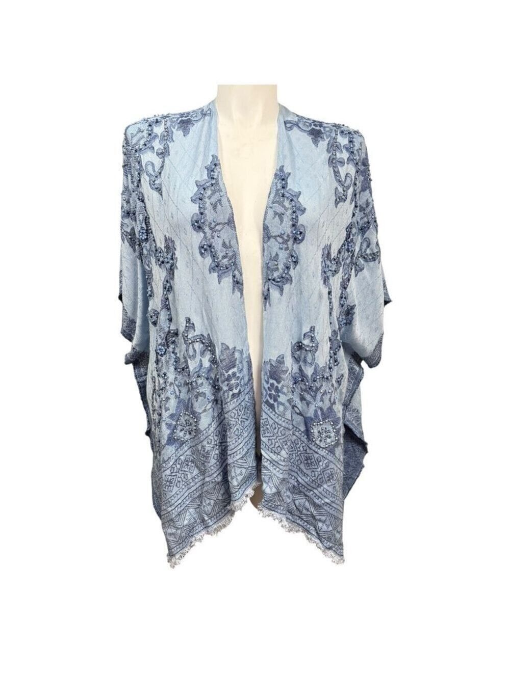 Chico’s Blue Beaded Embroidered Kimono Wrap One Size Rayon India Boho‎